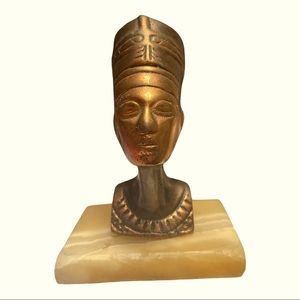 Vintage Cast Copper Egyptian Queen Nefertiti Bust Yellow Marble Base Paperweight